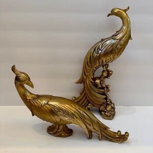 1960s Pair SYROCO Hollywood Regency MCM Gilded Gold Peacock Pheasant Sculptures